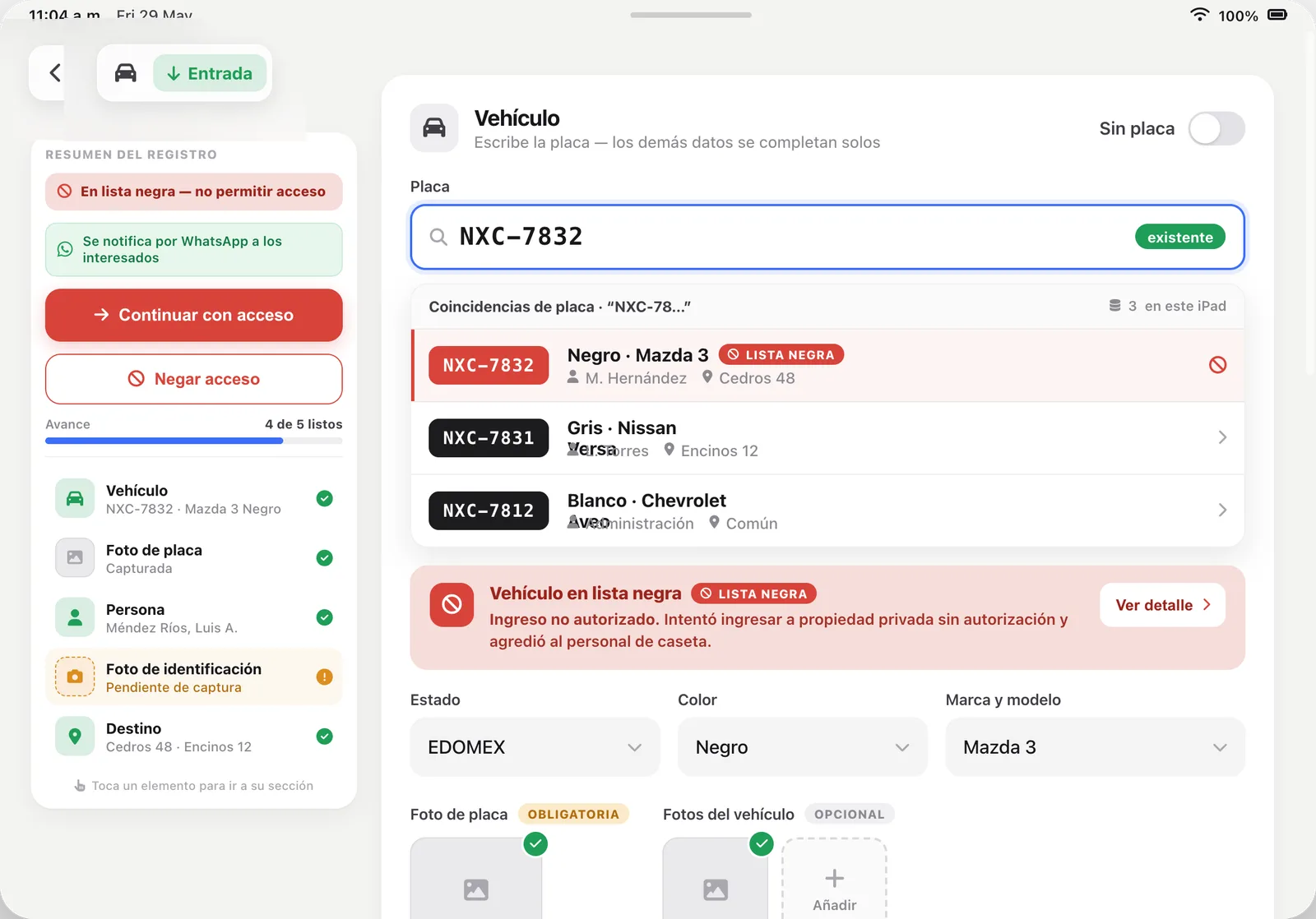App de caseta en iPad — registro de visita desde cero
